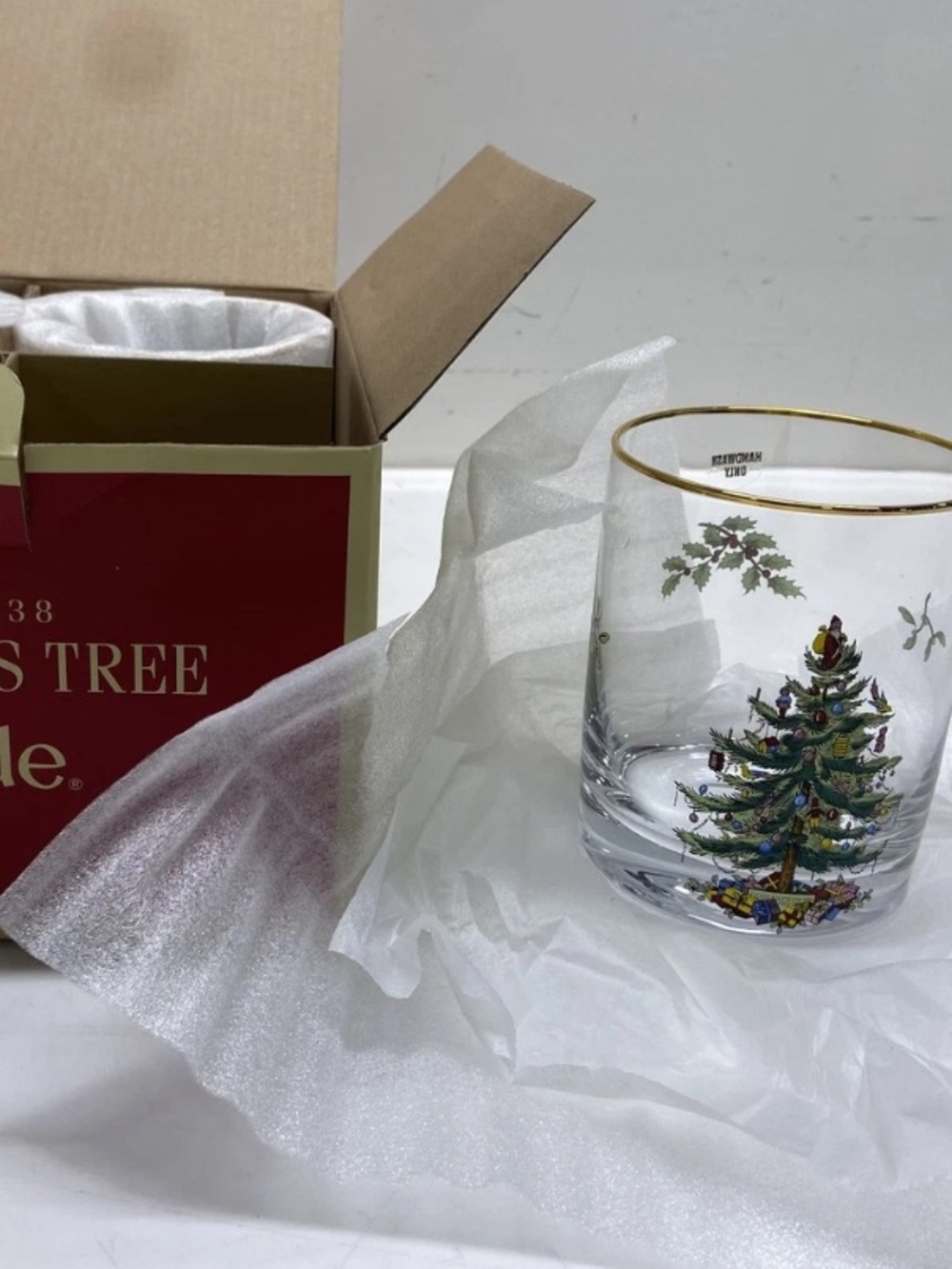 Spode Holiday Glass Tumbler set of 4 with Green Christmas Tree and Gold Rim